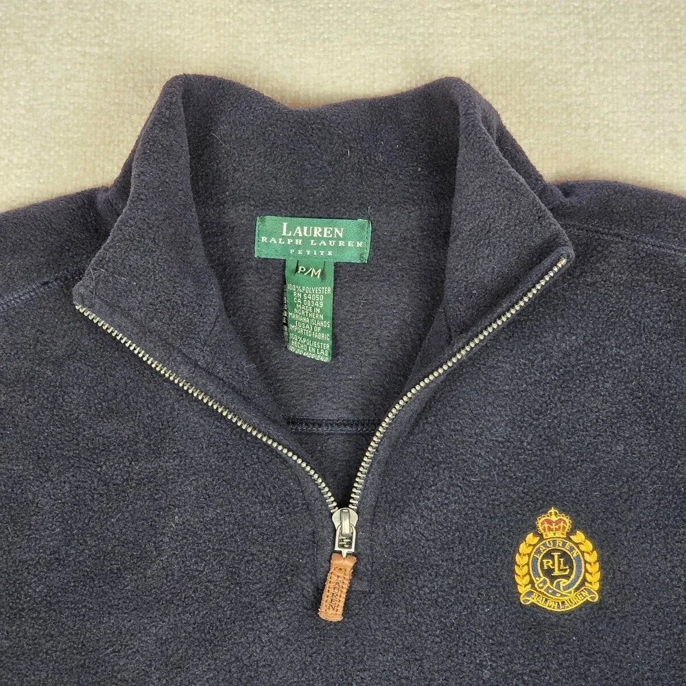 Lauren Ralph Lauren Fleece Pullover Womens Petite M Black Quarter Zip Crest Logo